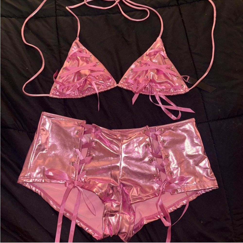 Dolls Kill Shiny Pink Lace-Up Bra Set